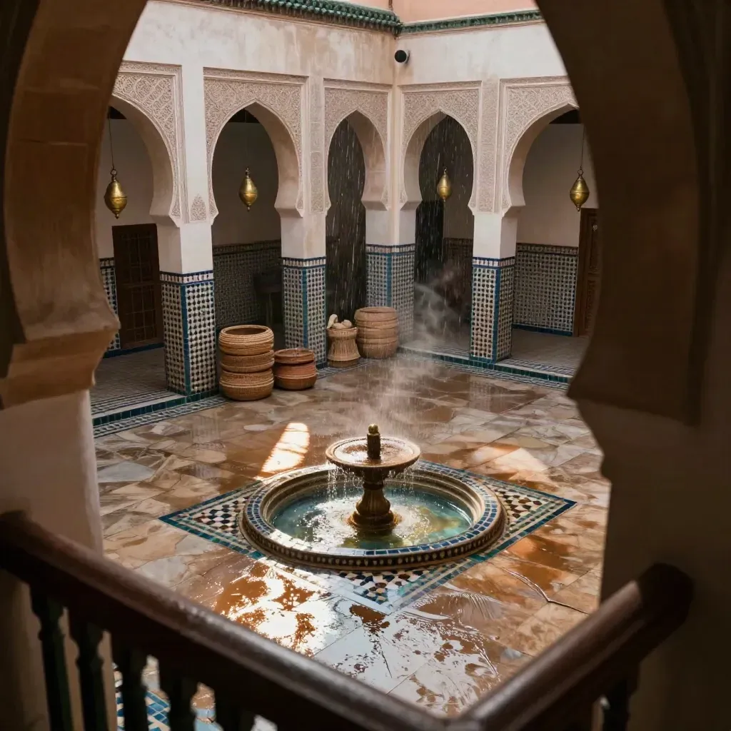 Shaded riad courtyard with fountain, arches, lanterns, and woven baskets after rain