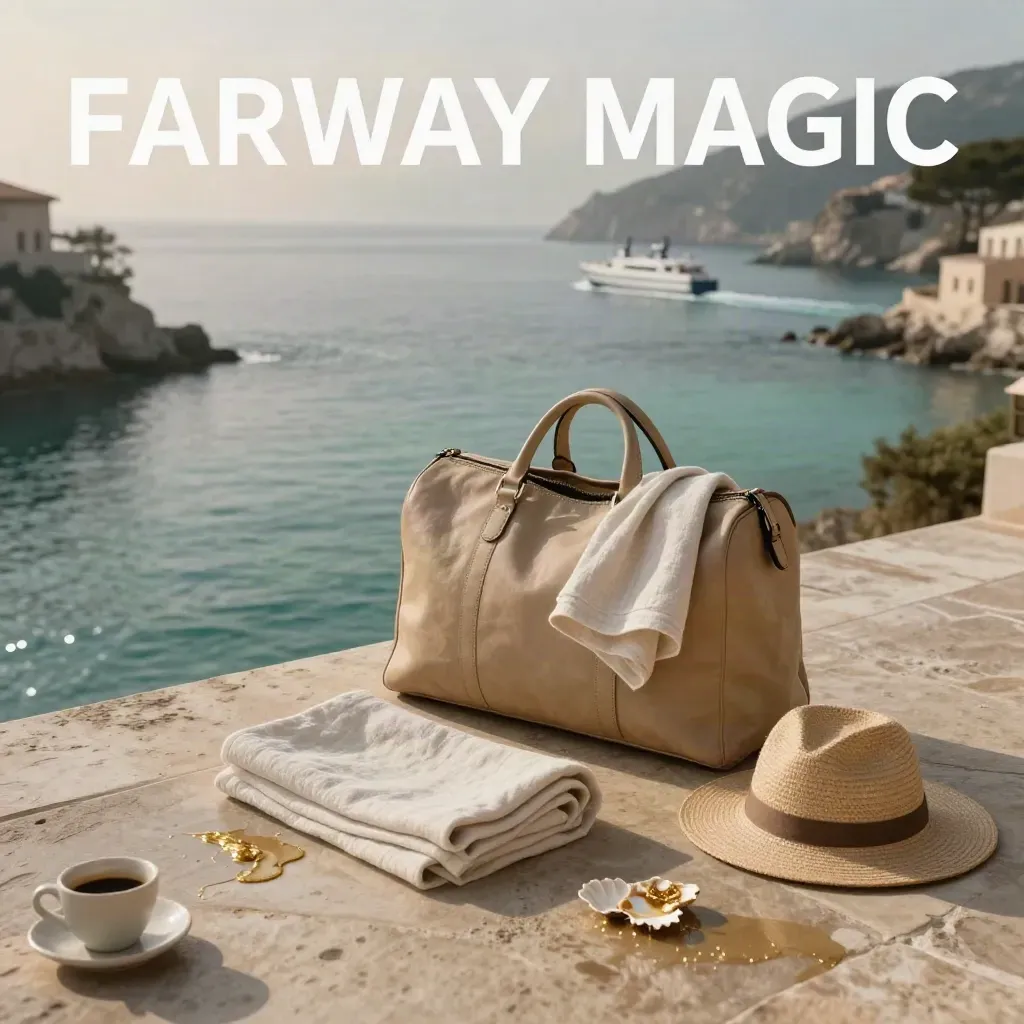 Weekender, linen, sun hat, espresso cup, and shell tray above a turquoise bay at dawn.