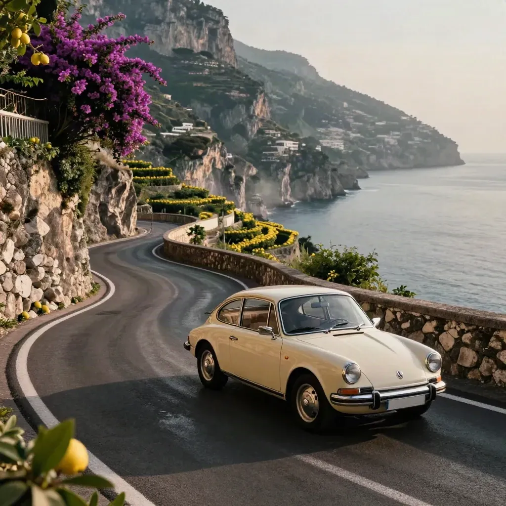 Cream touring car rounding an Amalfi coast hairpin by lemon terraces and sea mist