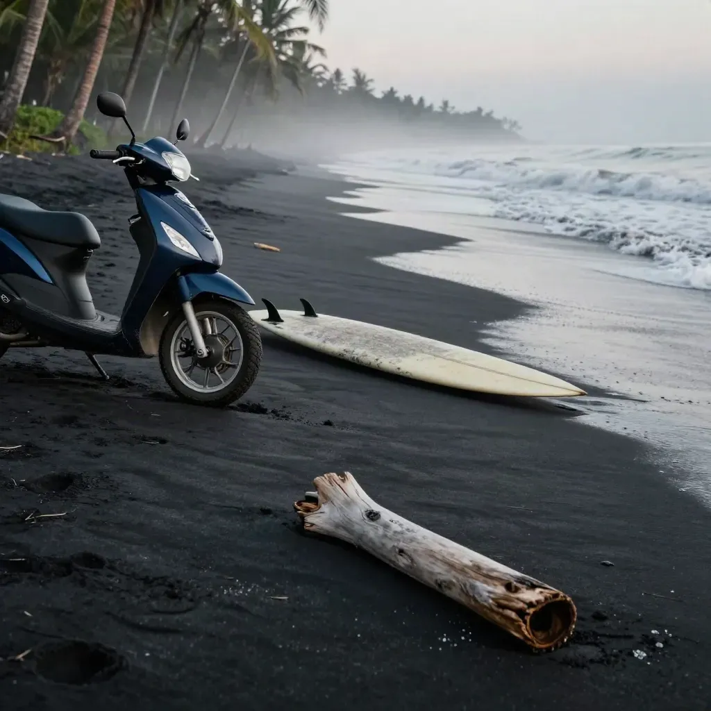 Black-sand Bali shore with scooter, surfboard, tide lines, and palms at dawn