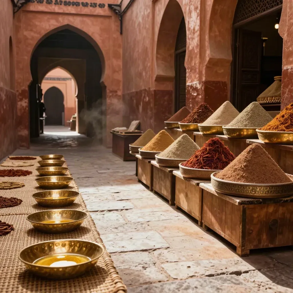 Shaded Marrakesh medina passage with woven mats, brass bowls, and a sunlit spice stall