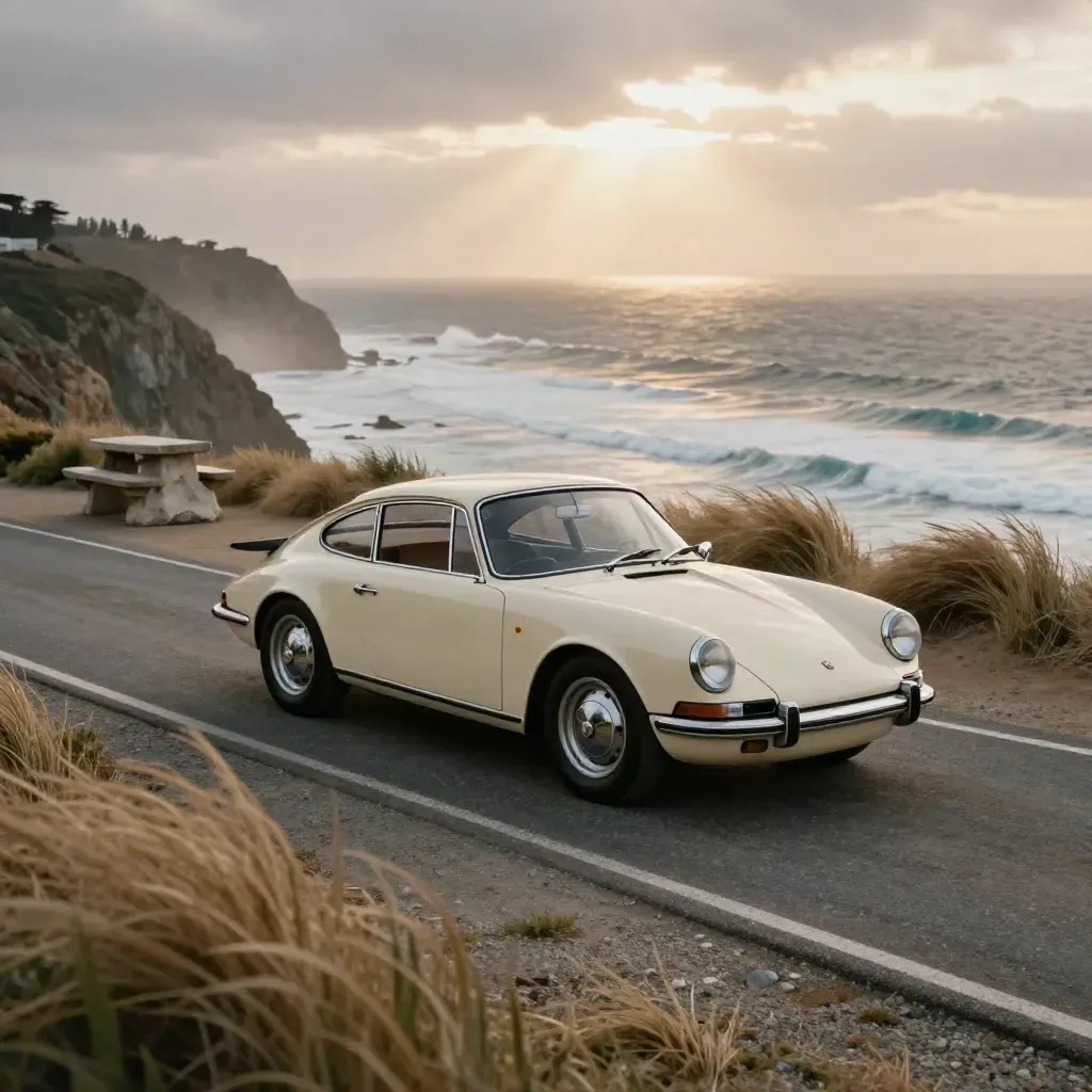 Cream car on a windy Big Sur cliff pull-off above sunlit surf.