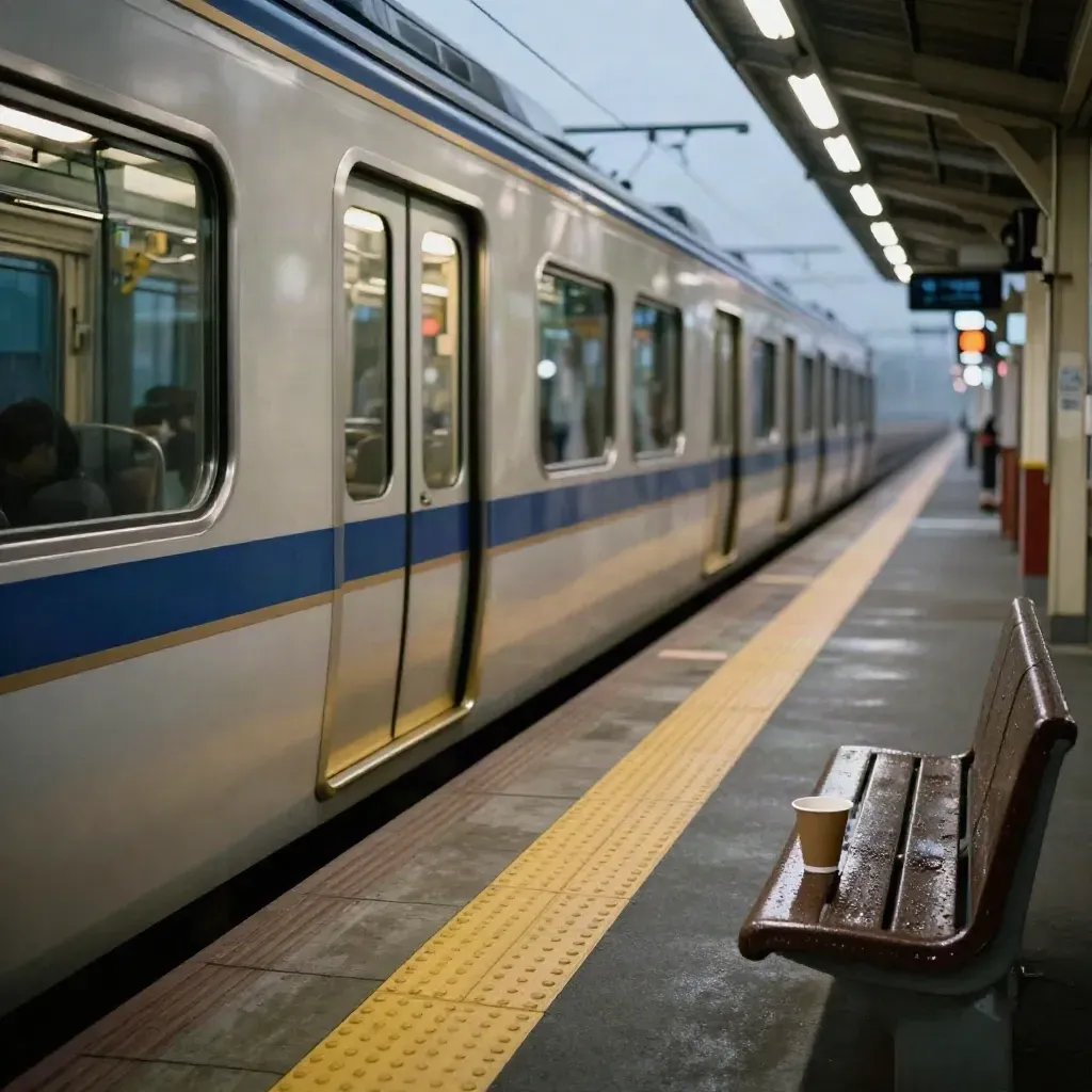 Train door glides past a wet Kyushu platform with a paper cup on a bench in evening haze.