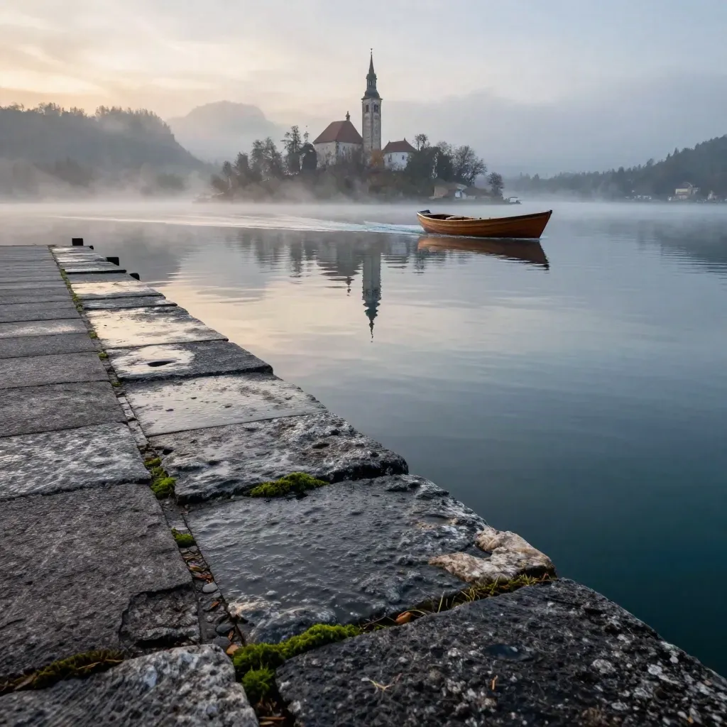Rowboat wake shimmers beside wet dock stones, with a soft church reflection in dawn mist.