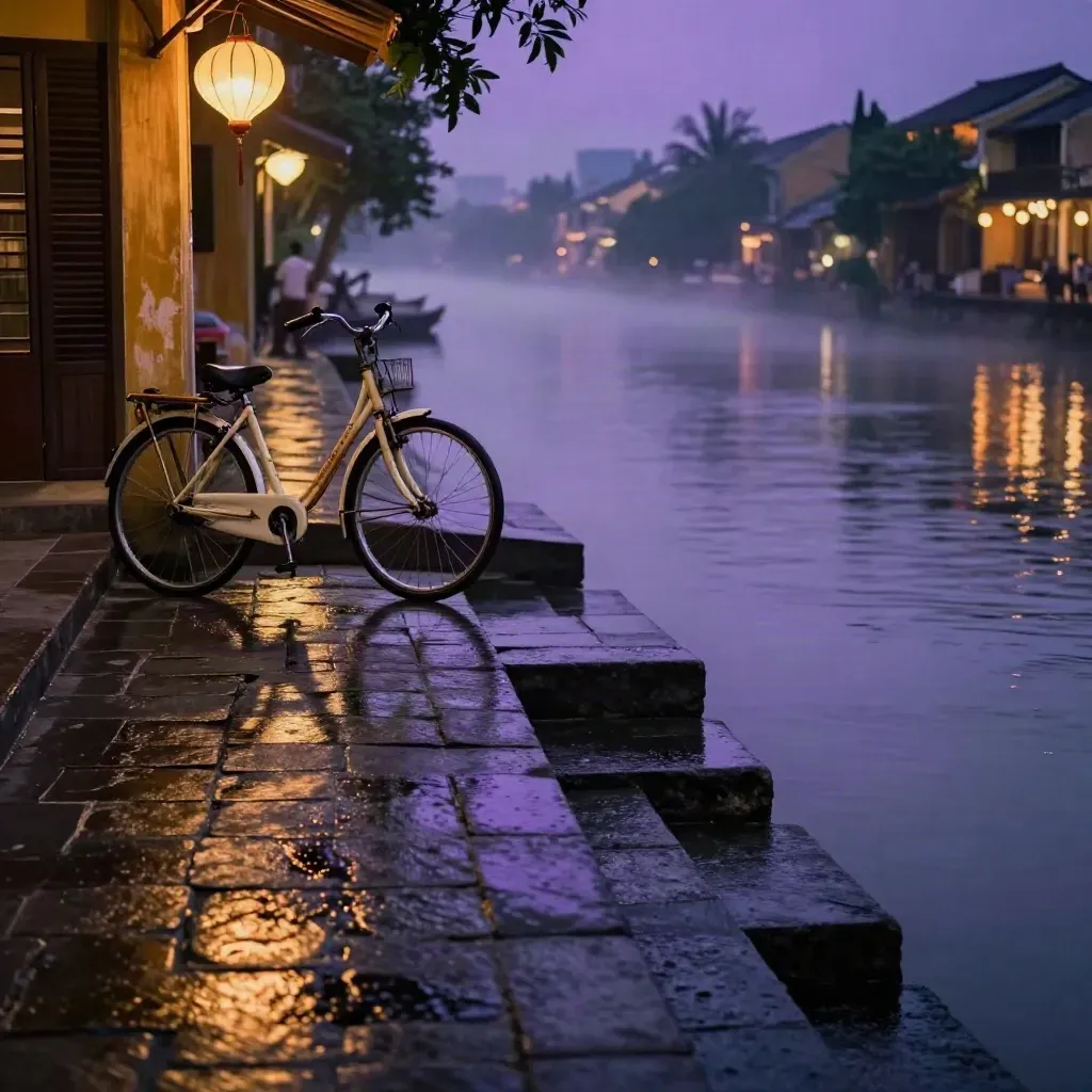Hoi An river steps at dusk with a bicycle, lantern reflections, and misty wet cobbles.