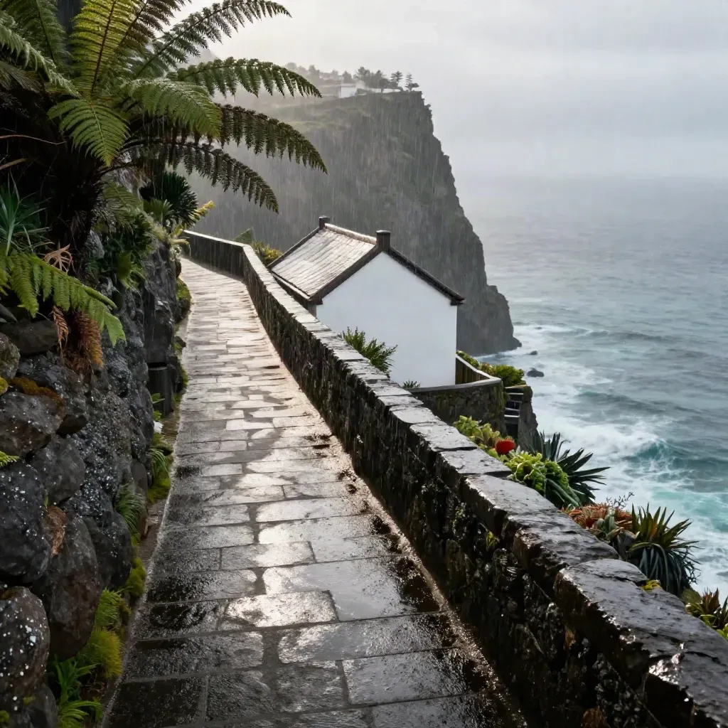 Wet Madeira cliff path with ferns, stone walls, and a white guesthouse roof above the sea.