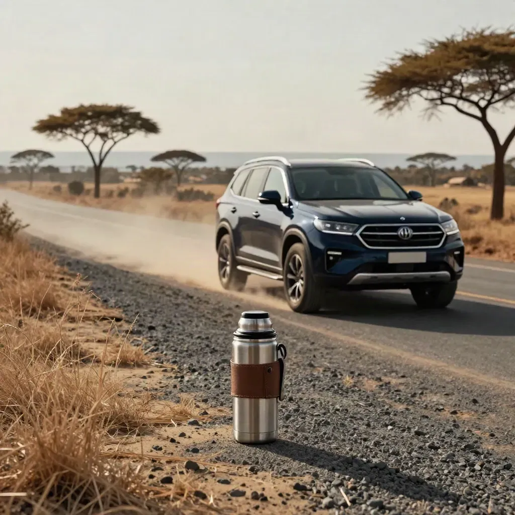 Deep navy SUV on a dusty road by Lake Naivasha with acacias and a coffee thermos.