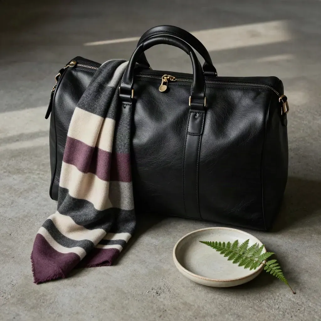 Overhead flatlay of a black weekender bag with scarf, dish, and fern on concrete.