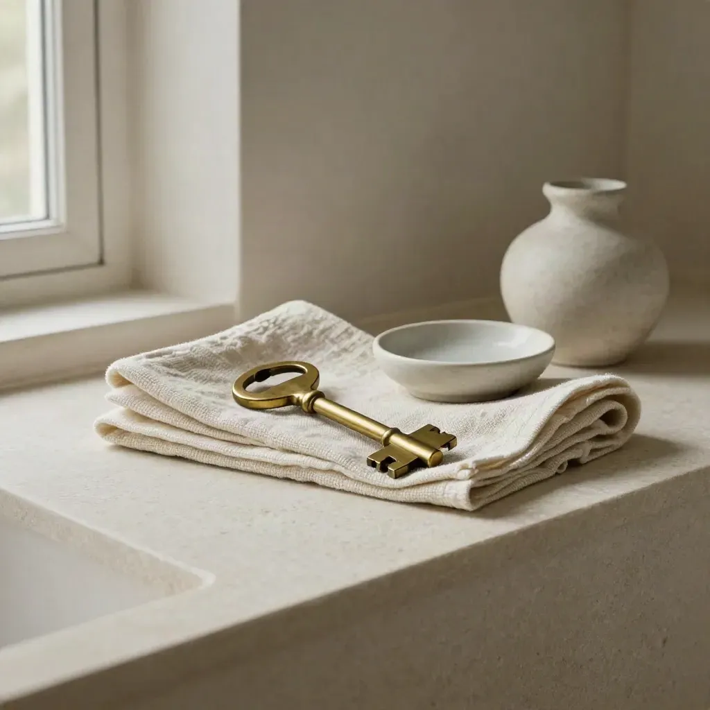 Brass room key, linen towel, soap dish, and tiny vase on a stone ledge in soft light.