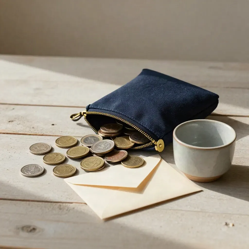 Navy coin pouch, counted coins, blank envelope and ceramic cup on pale wood