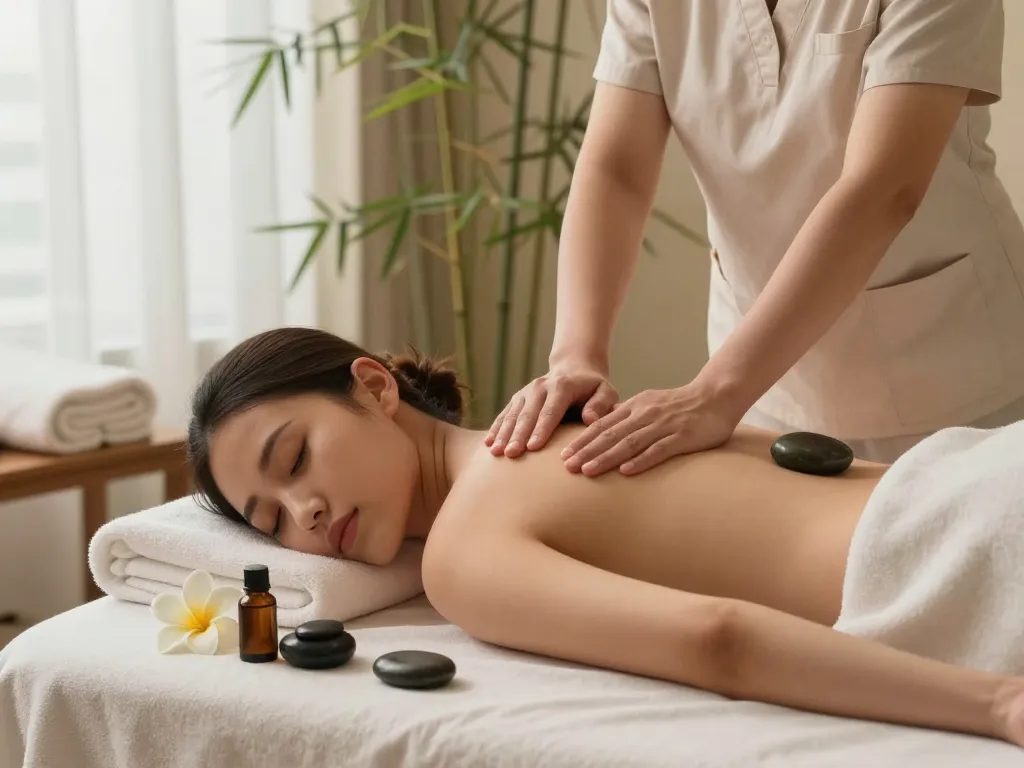 Serene Swedish massage scene with therapist, oils, and calming decor.