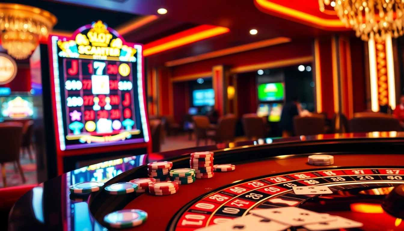 Exciting casino image featuring Slot Scatter Hitam on a vibrant roulette table and slots.