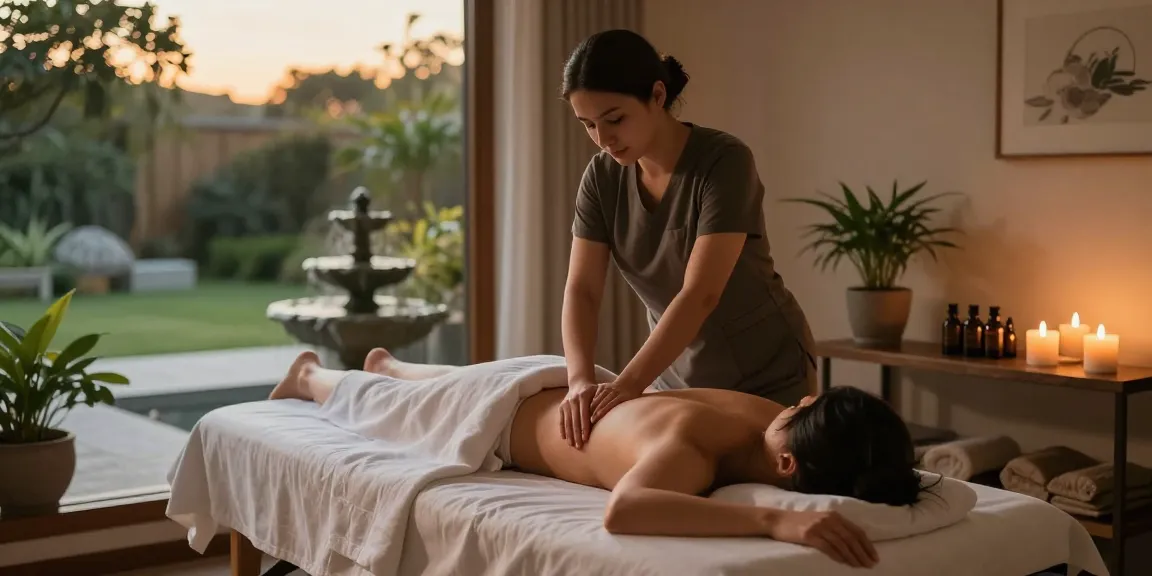 Client receiving a relaxing 스웨디시 massage in a serene spa environment with candles and essential oils.