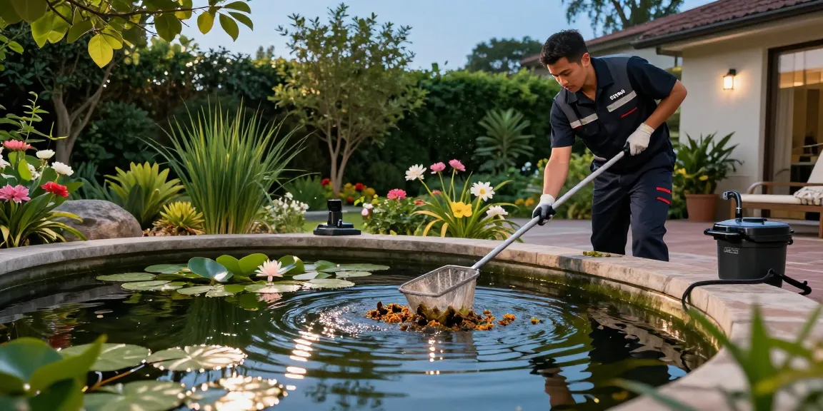 Professional Pond Cleaning Kent service technician maintaining a beautiful residential pond.