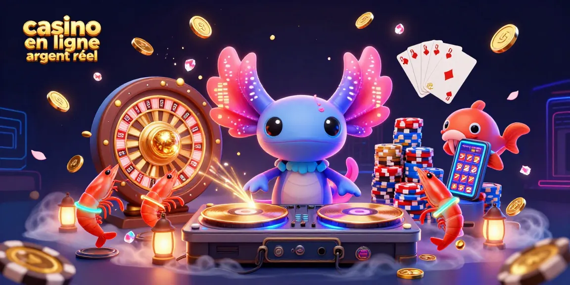 Profitez de l'excitation du casino en ligne argent réel avec un axolotl DJ vibrant dans une scène animée.