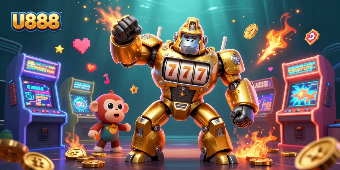 Experience dynamic gameplay with U888's golden gorilla mech, bursting with coins from its jackpot.