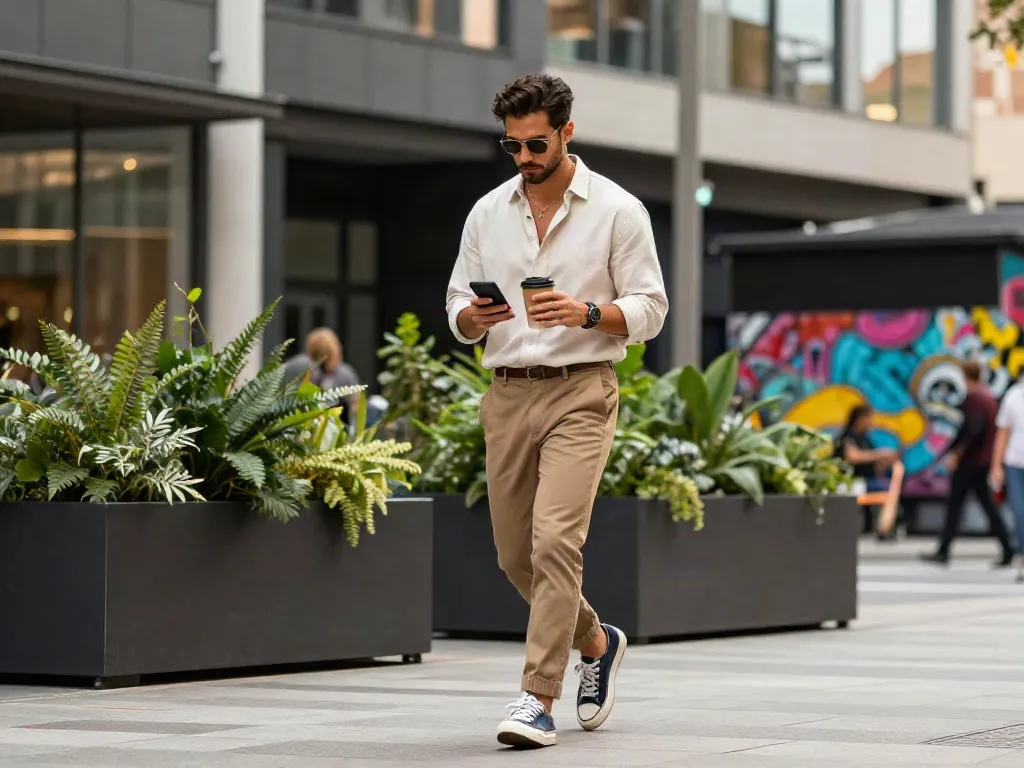 Stijlvolle man in casual heren kleding genietend van de stad met een koffie.