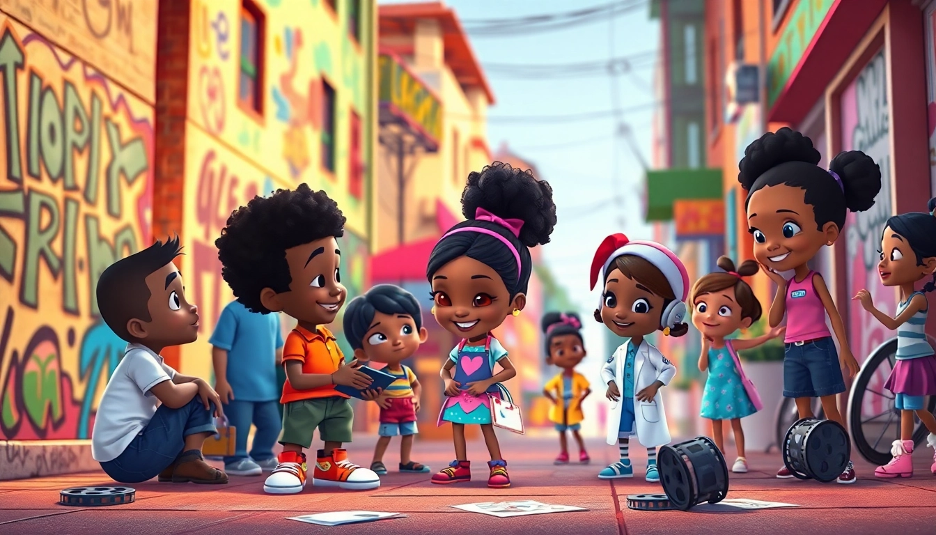 African American Cartoons featuring diverse animated characters enjoying a vibrant urban scene, celebrating creativity and culture.