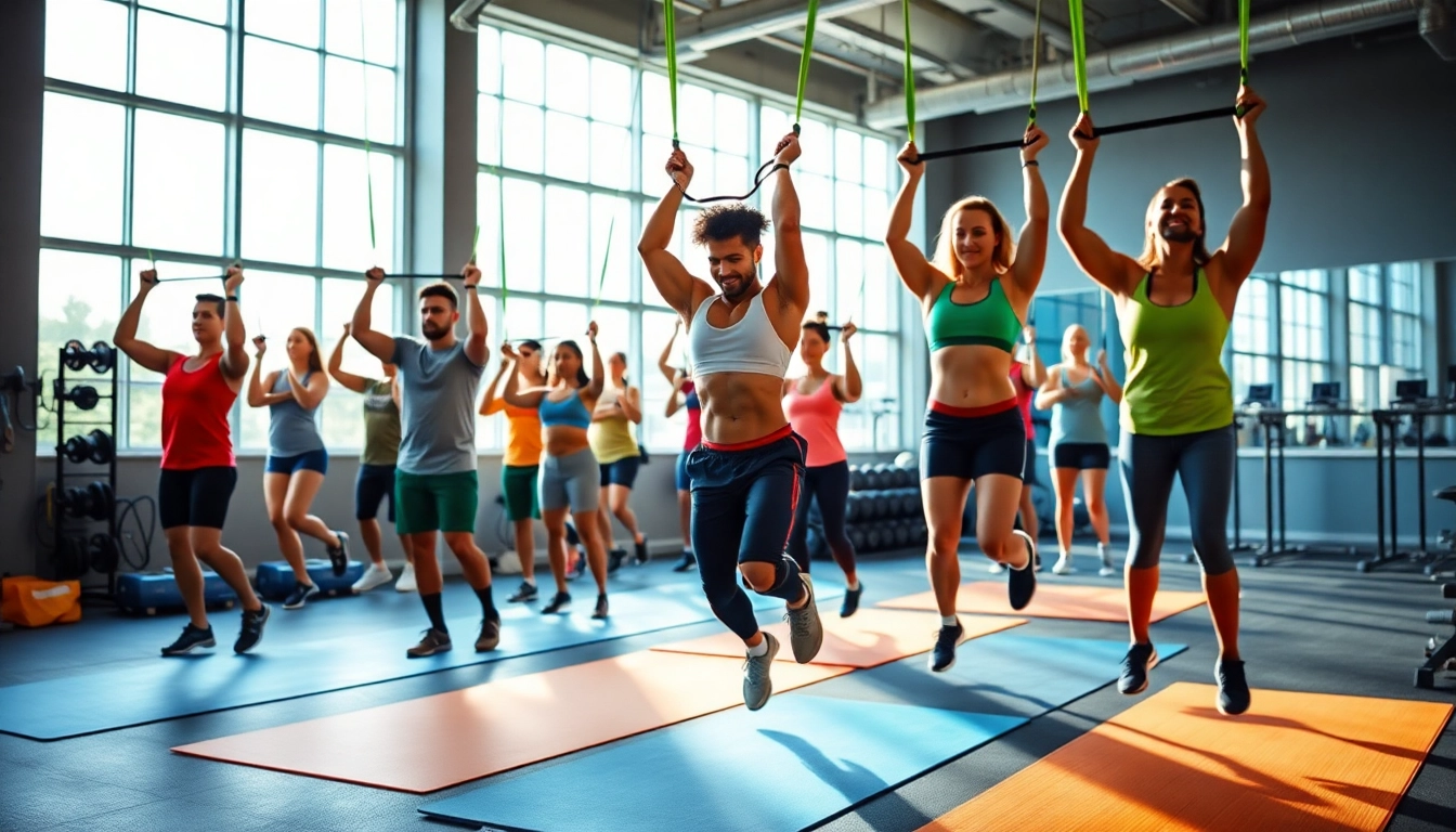 People using stretch bands for pull-ups in a vibrant gym setting