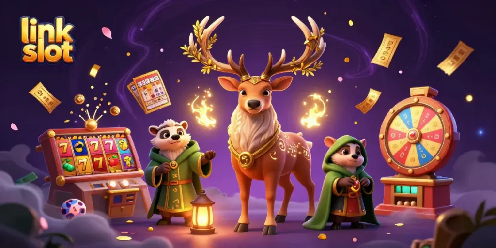 Menangkan permainan slot dengan link slot di ilustrasi kasino 3D yang menampilkan simbol seru dan atmosfir magis.