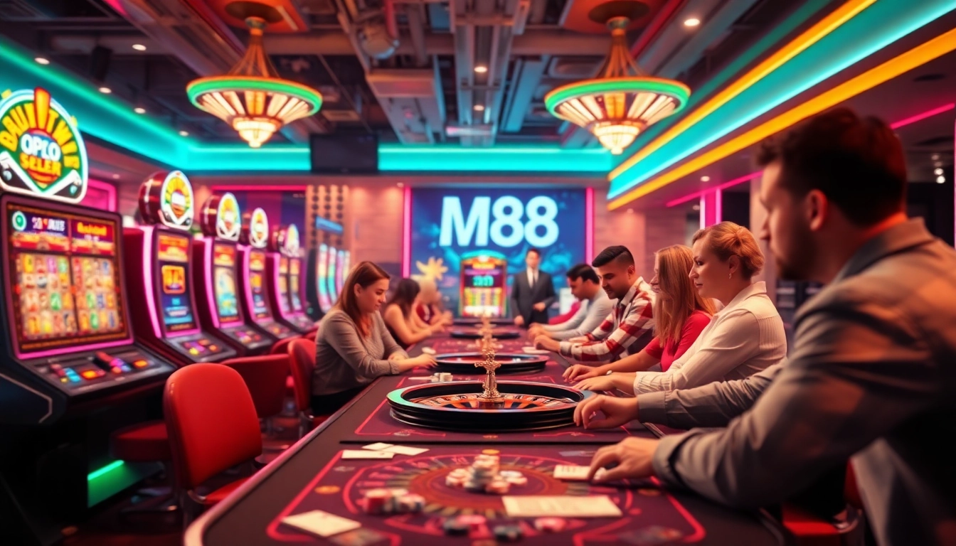Engaged players enjoying thrilling games at MM 88 online casino with vibrant atmosphere.