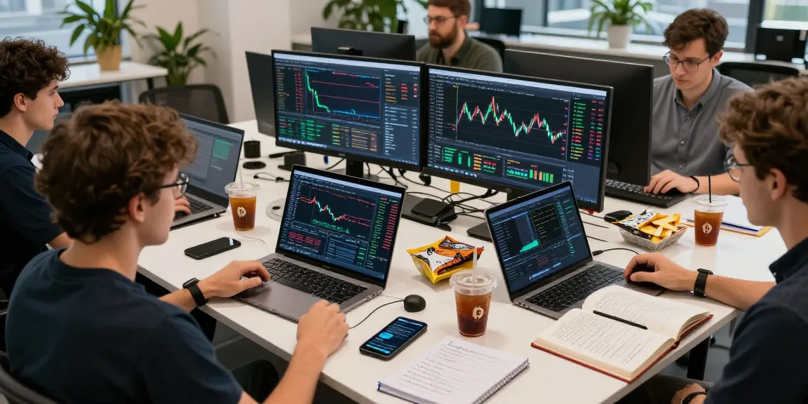 Cloud mining trading session with charts, laptops, and digital wallets in a professional crypto workspace.
