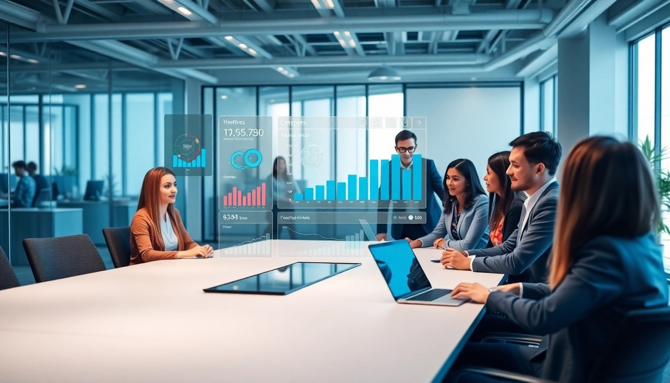 Visualize enterprise assistant saas platform interface with professionals collaborating in a modern office.