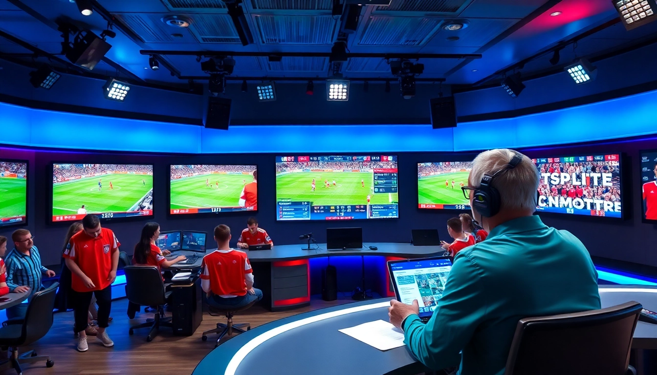 Engaging sports broadcasting commentator in a high-tech studio displaying live sports.