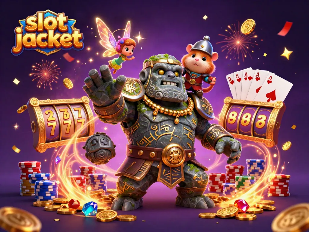 Experience the thrill of slot jackpot wins with dynamic characters and sparkling casino elements.