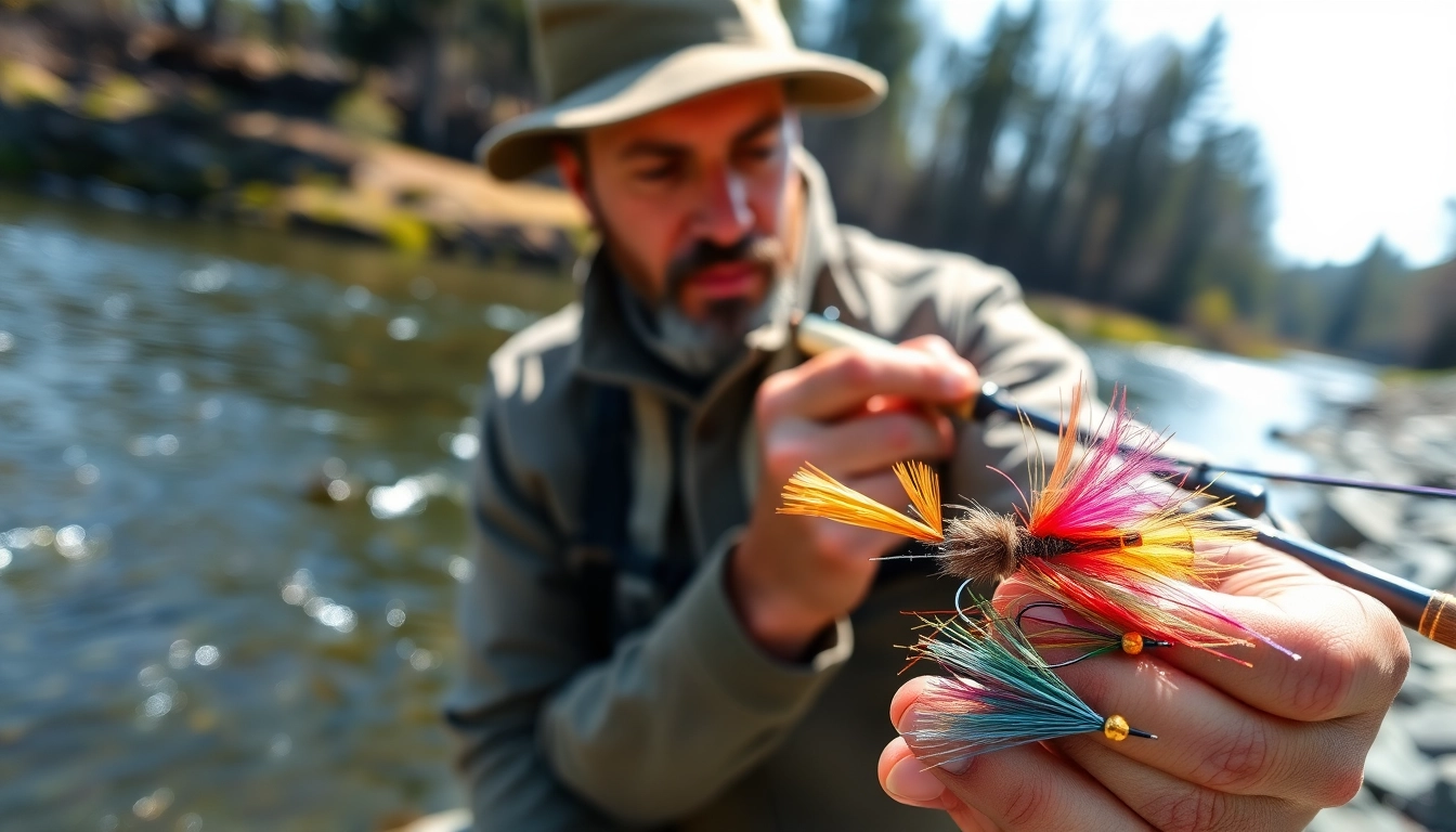 Fly tying expert showcasing colorful flies beside a serene river, demonstrating skilled craftsmanship.