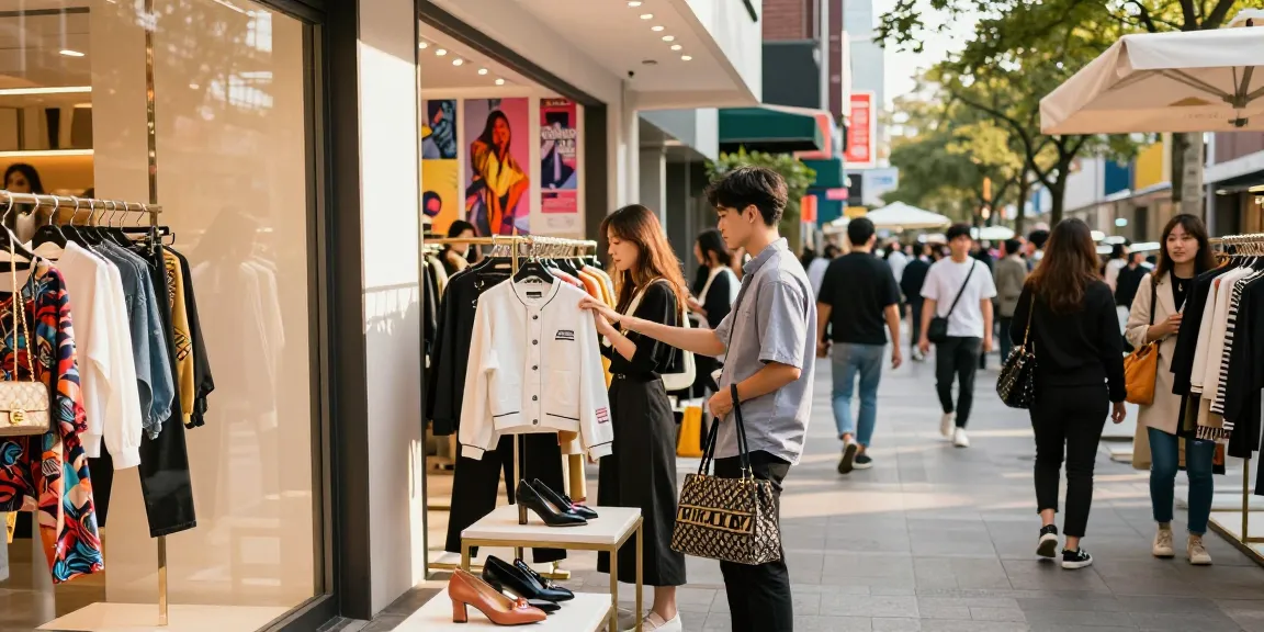 Shopping for stylish outfits at a 레플리카 사이트 in a vibrant urban setting.