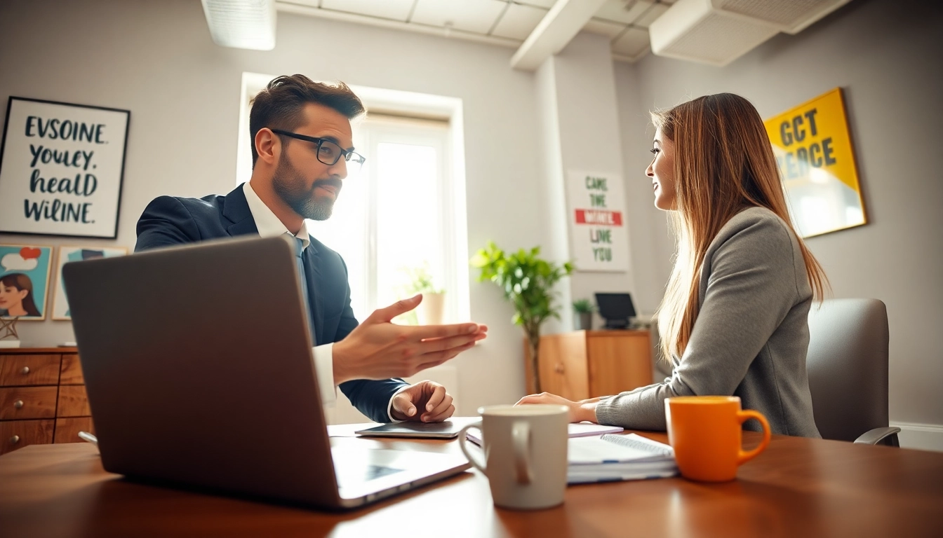 Business coach near me helping clients navigate their goals in a vibrant office.