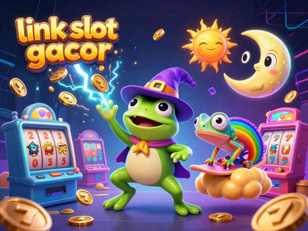 Experience thrilling wins at link slot gacor with a vibrant 3D illustration filled with dynamic slot game elements.
