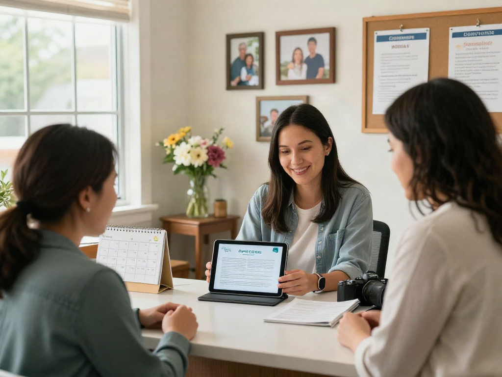 Bonus new member welcome at a cozy home care office, caregiver engaging warmly with new client.