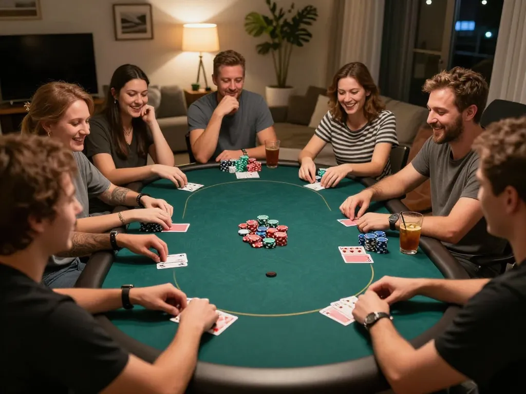 Pemain MPO777 menikmati malam poker kompetitif dengan chip dan kartu, menampilkan permainan sosial.