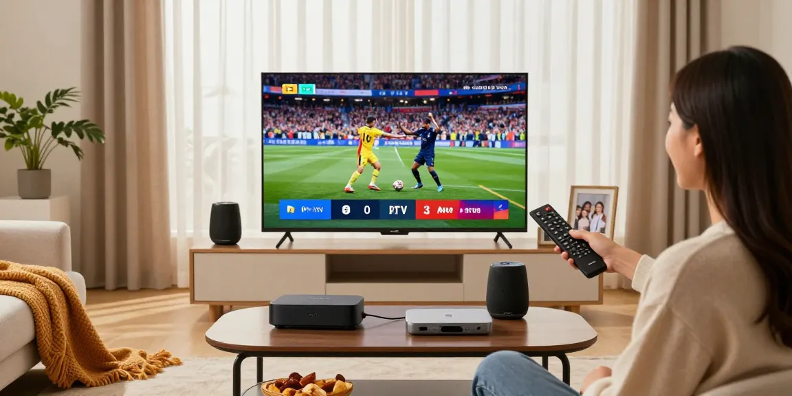 IPTV American review 2026 highlights a modern living room where a viewer enjoys streaming live TV on a large screen.