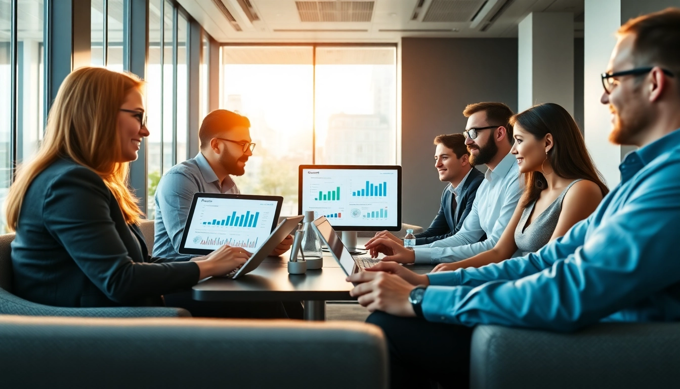 Engaged teams utilizing AI for competitor analysis in a modern office setting.