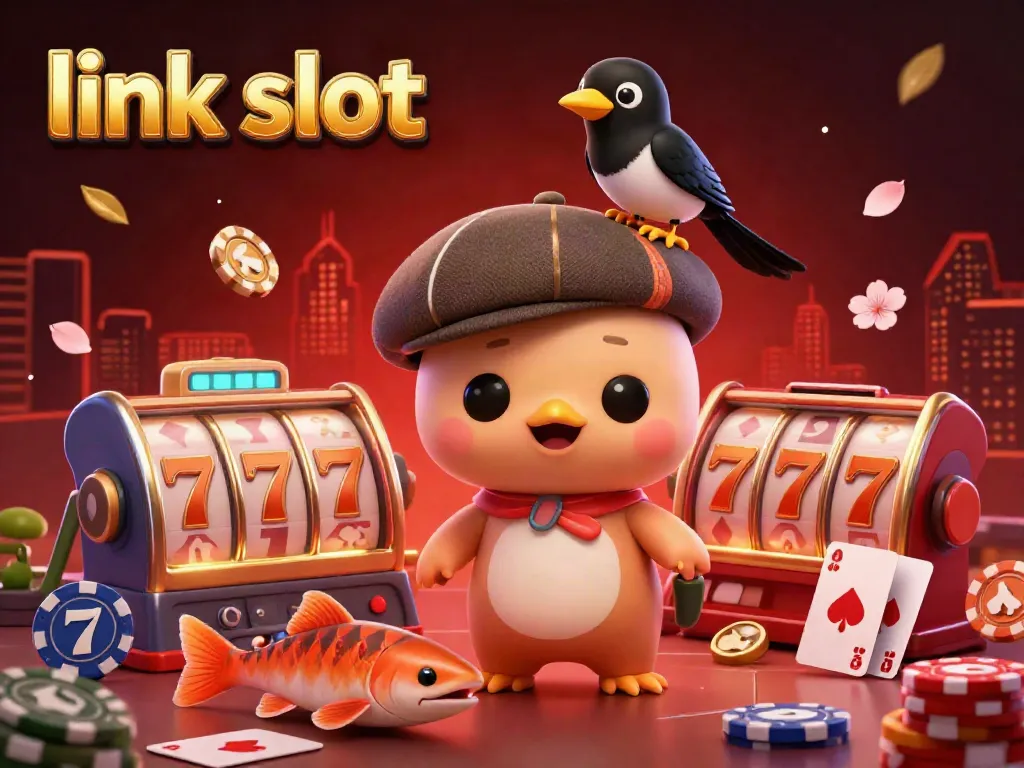 Permainan link slot dengan makhluk fantasi dan elemen kasino berkilau yang penuh warna.