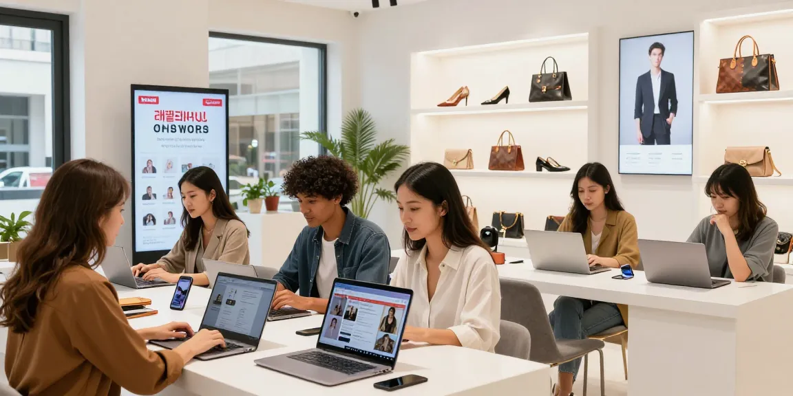 Contemporary online shopping atmosphere with diverse customers browsing high-quality 레플리카 products in a stylish store.