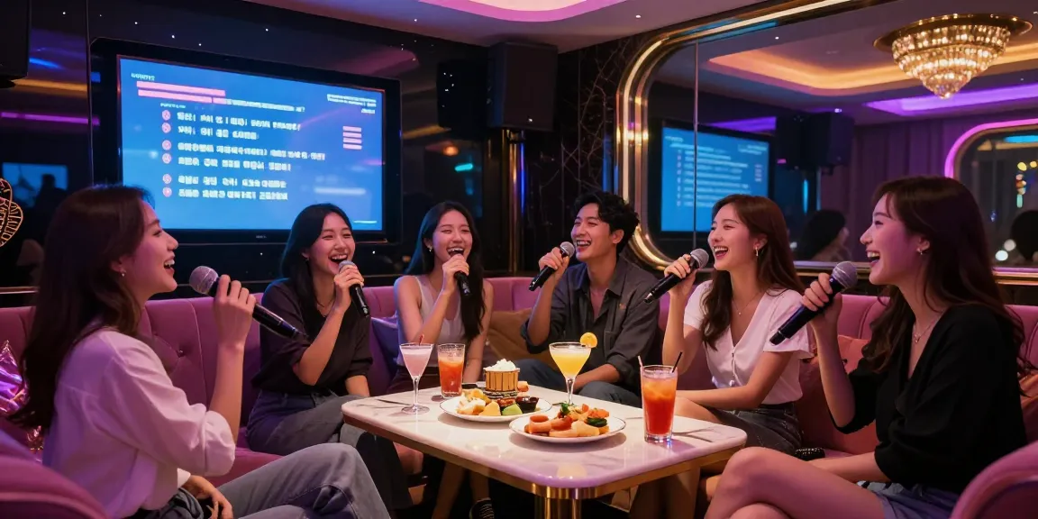 Friends enjoying a fun night at 강남 가라오케 with vibrant decor and drinks.