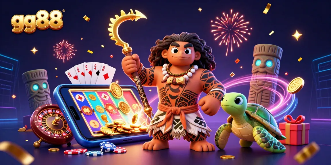 Engage with exciting casino games at gg88 via a vibrant 3D illustration showcasing slot games, poker, and celebration elements.