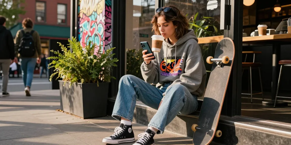 Youth in stylish attire enjoying coffee while checking https://shs-dome5.com/ on smartphone in vibrant city setting.