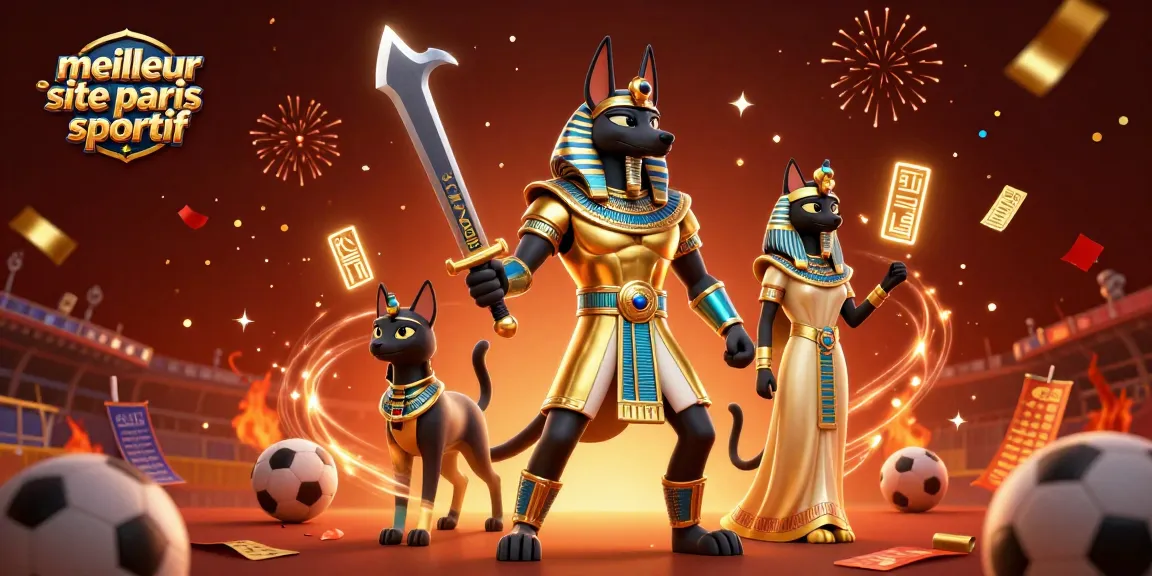 Pariez sur le meilleur site de paris sportif avec Anubis et Bastet entourés d'éléments de jeu vibrants.