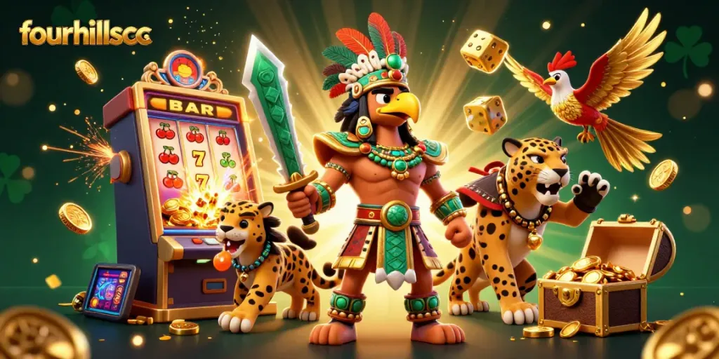 Experience excitement with fourhillscc as Aztec warriors celebrate a jackpot win in a vibrant casino setting.