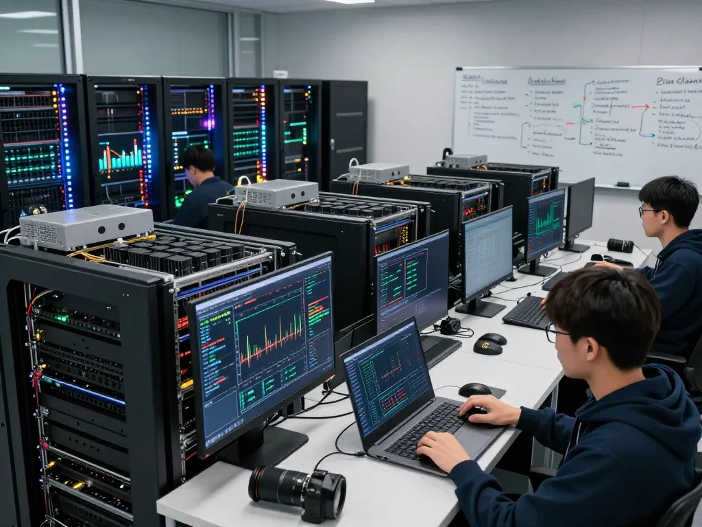 High-tech crypto cloud mining platform with technicians monitoring server racks and mining statistics in a modern data center.