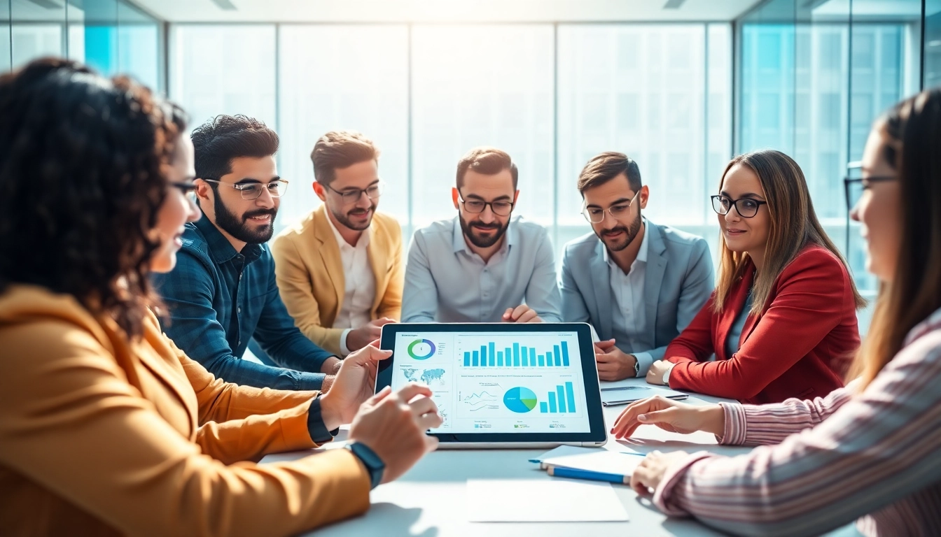 Engaging teamwork on growth strategy trends in a modern office setting.