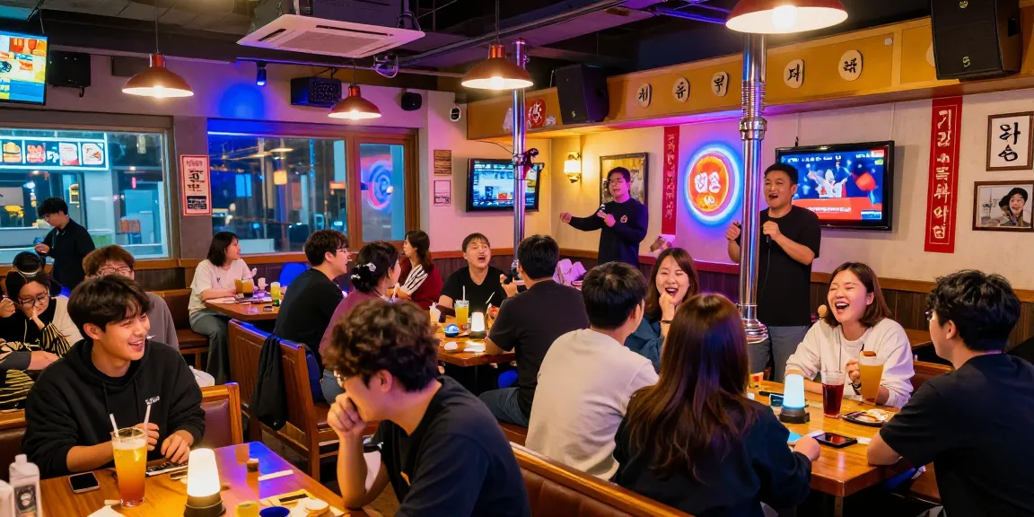 Vibrant 제주유흥 nightlife in Jeju Island featuring patrons enjoying karaoke and entertainment.