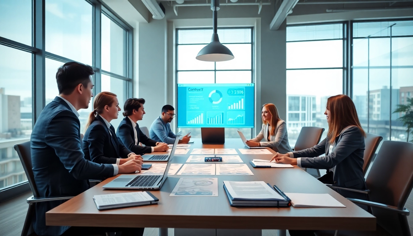 Professionals collaborating on Contract Management strategies in a modern conference room.