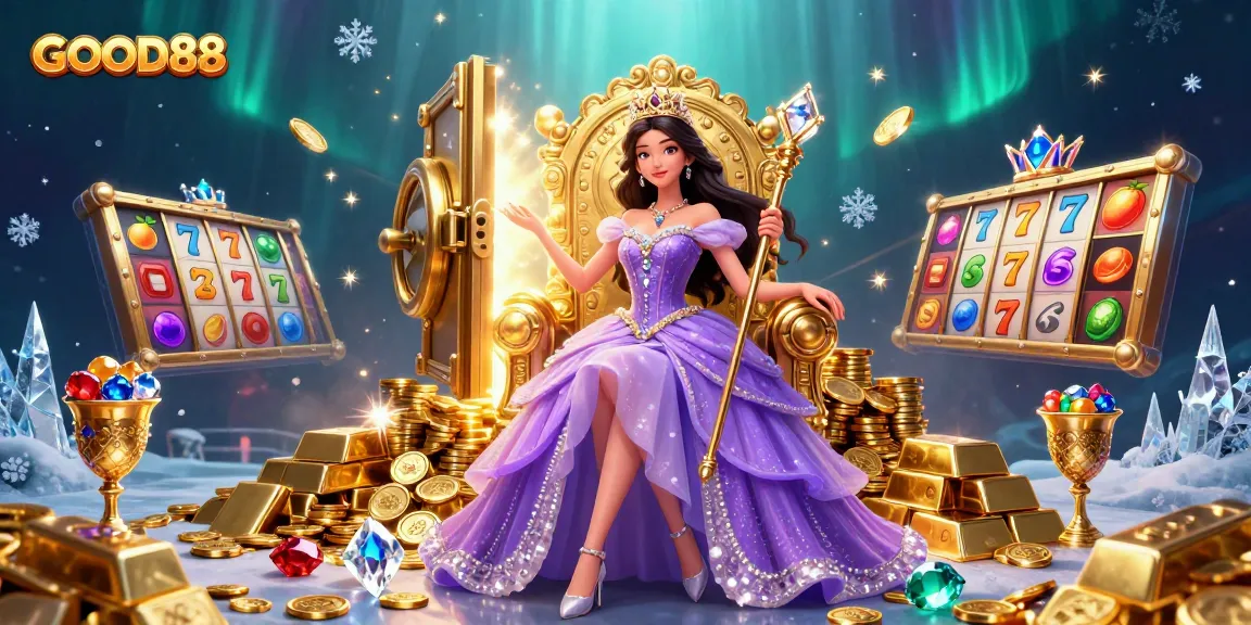 Experience the excitement of GOOD88 casino with vibrant slot reels and treasure in a magical scene.