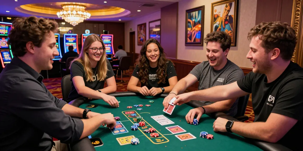 Friends enjoying a thrilling moment at credit card casinos, celebrating a blackjack win with colorful chips and cards.